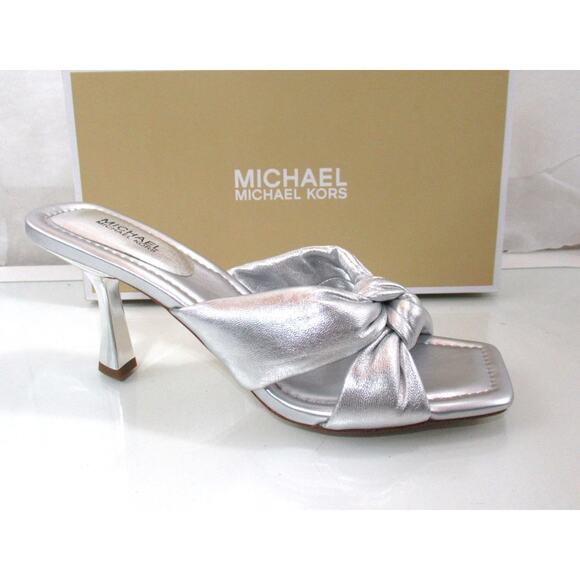 Michael Kors Elena Heeled Slide Sandal Knotted Strap Leather Silver